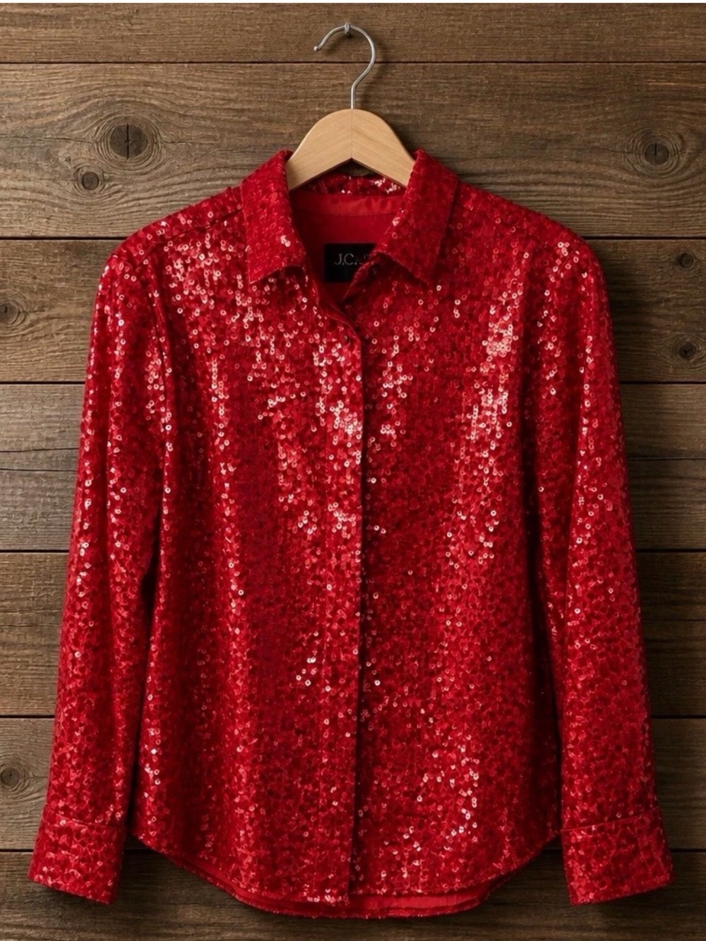J. Crew Red Sequined Collared Shirt Jacket